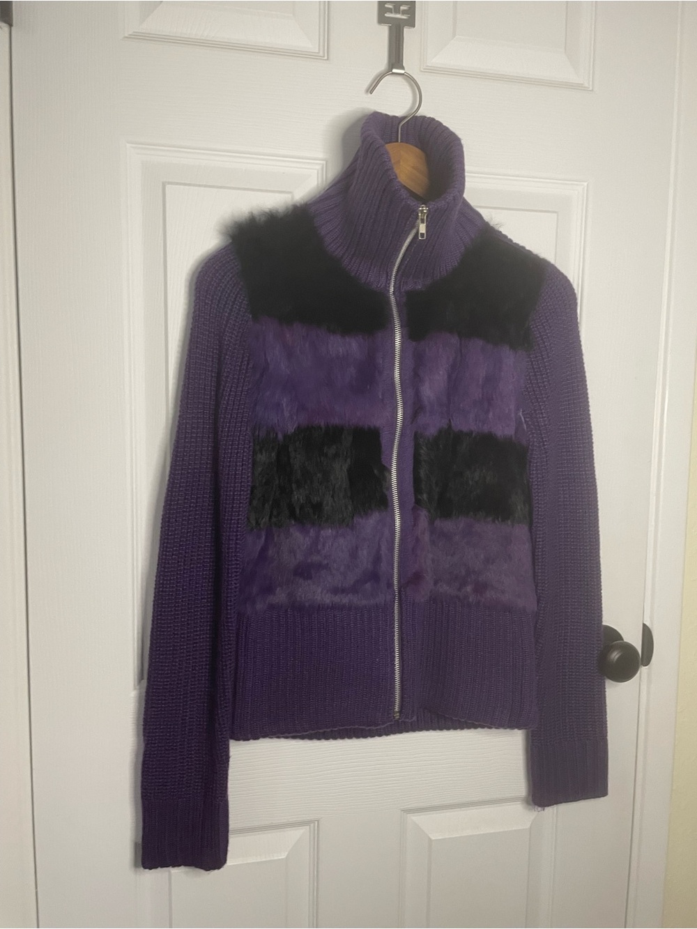 Funnel neck Faux Fur Trim Zip-Front Knit Jacket Purple
